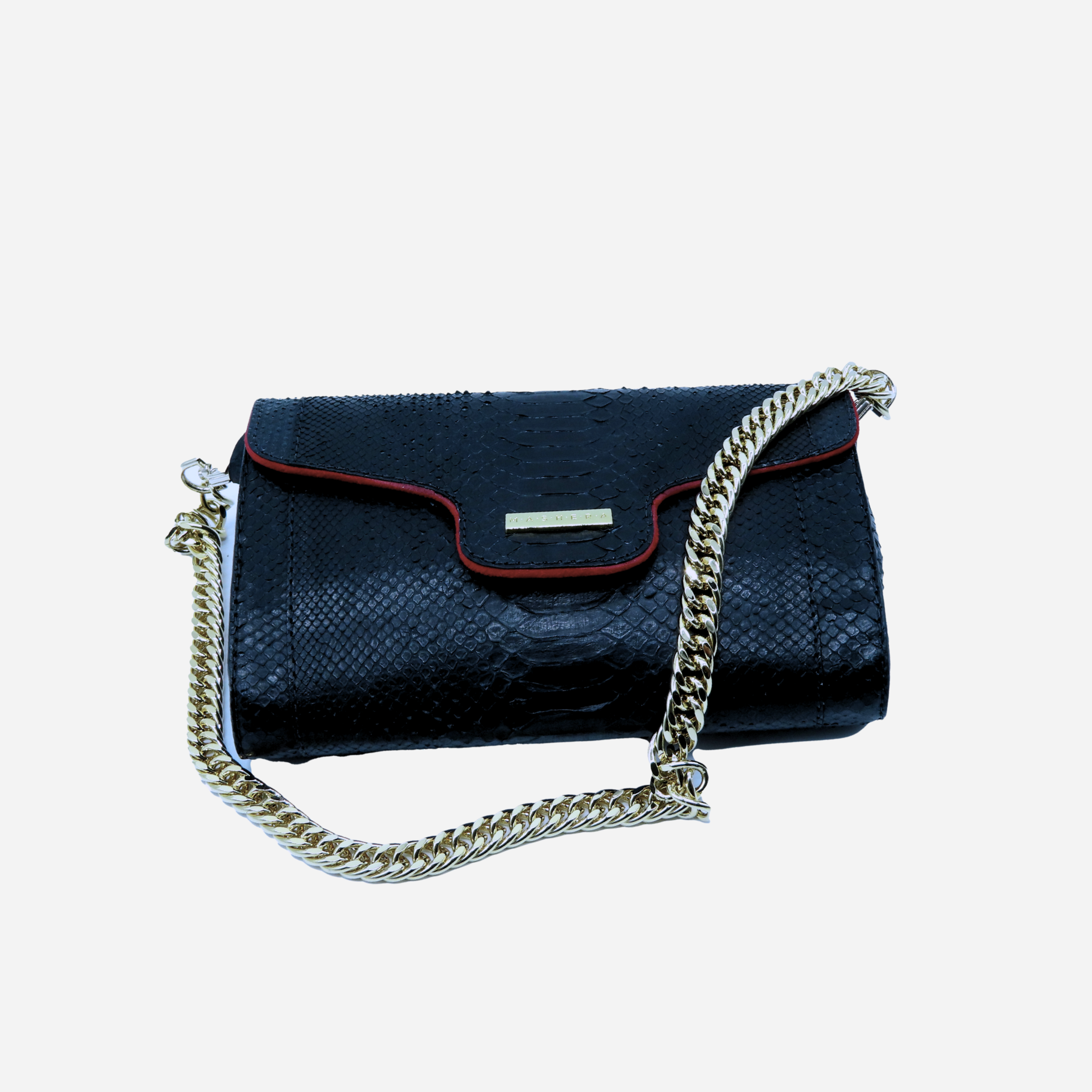 Clutch LISA en piel de pitón color negro e interior rojo gamuza - vista frontal con cadena dorada