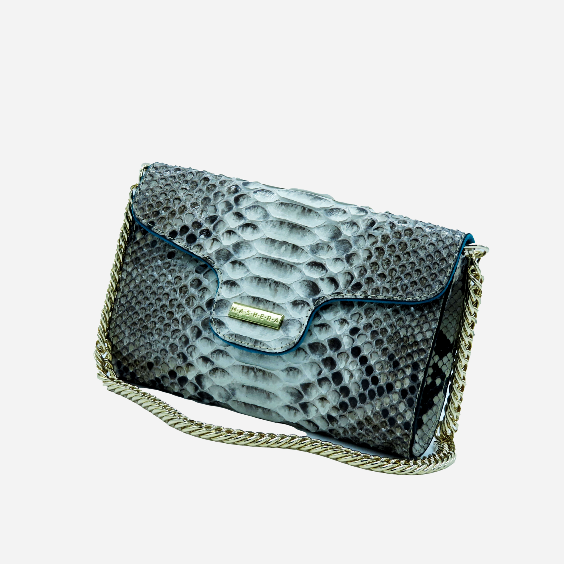 Clutch LISA en piel de pitón color natural - vista frontal con cadena dorada