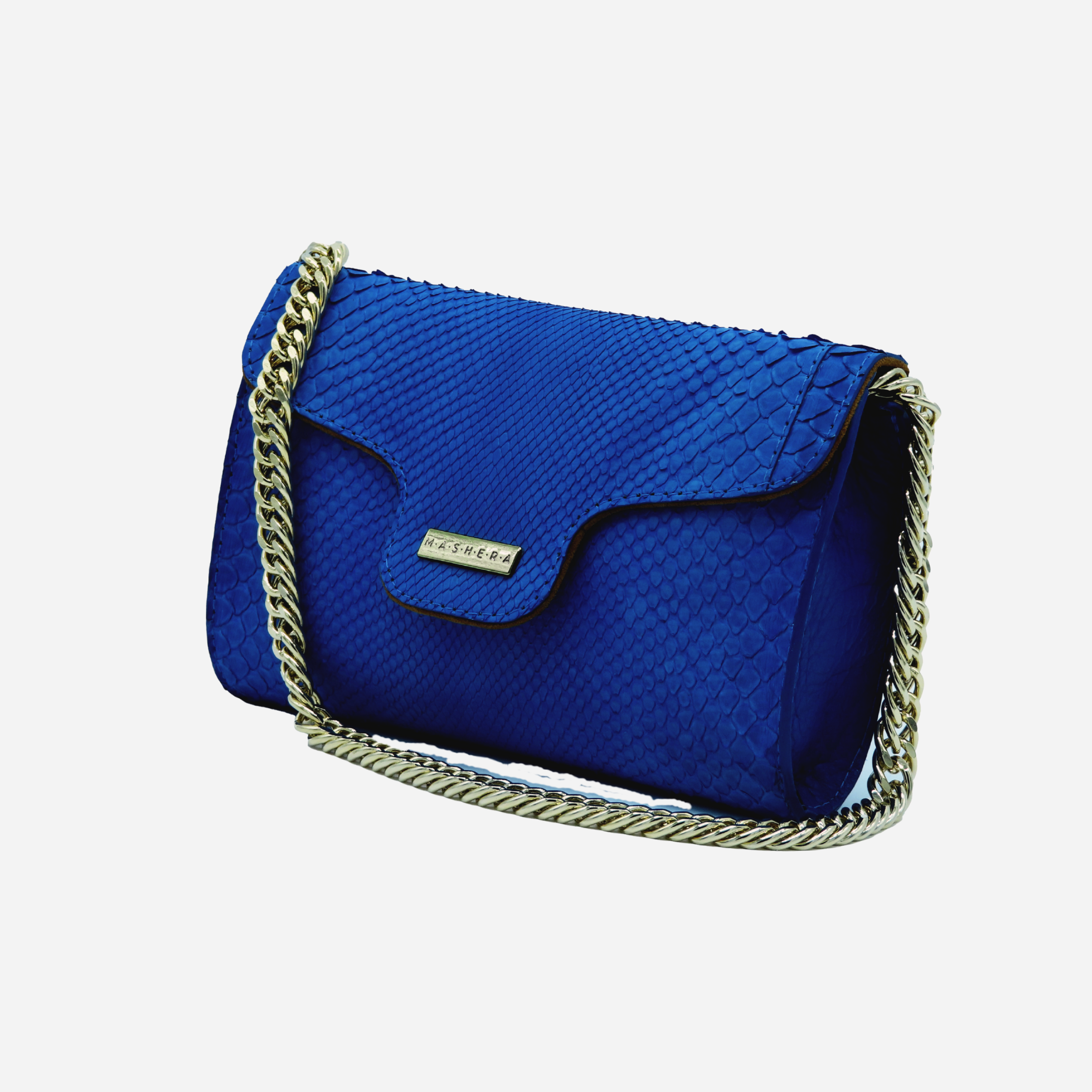 Clutch LISA en piel de pitón color azul y tapa imantada - Cadena dorada para colgar