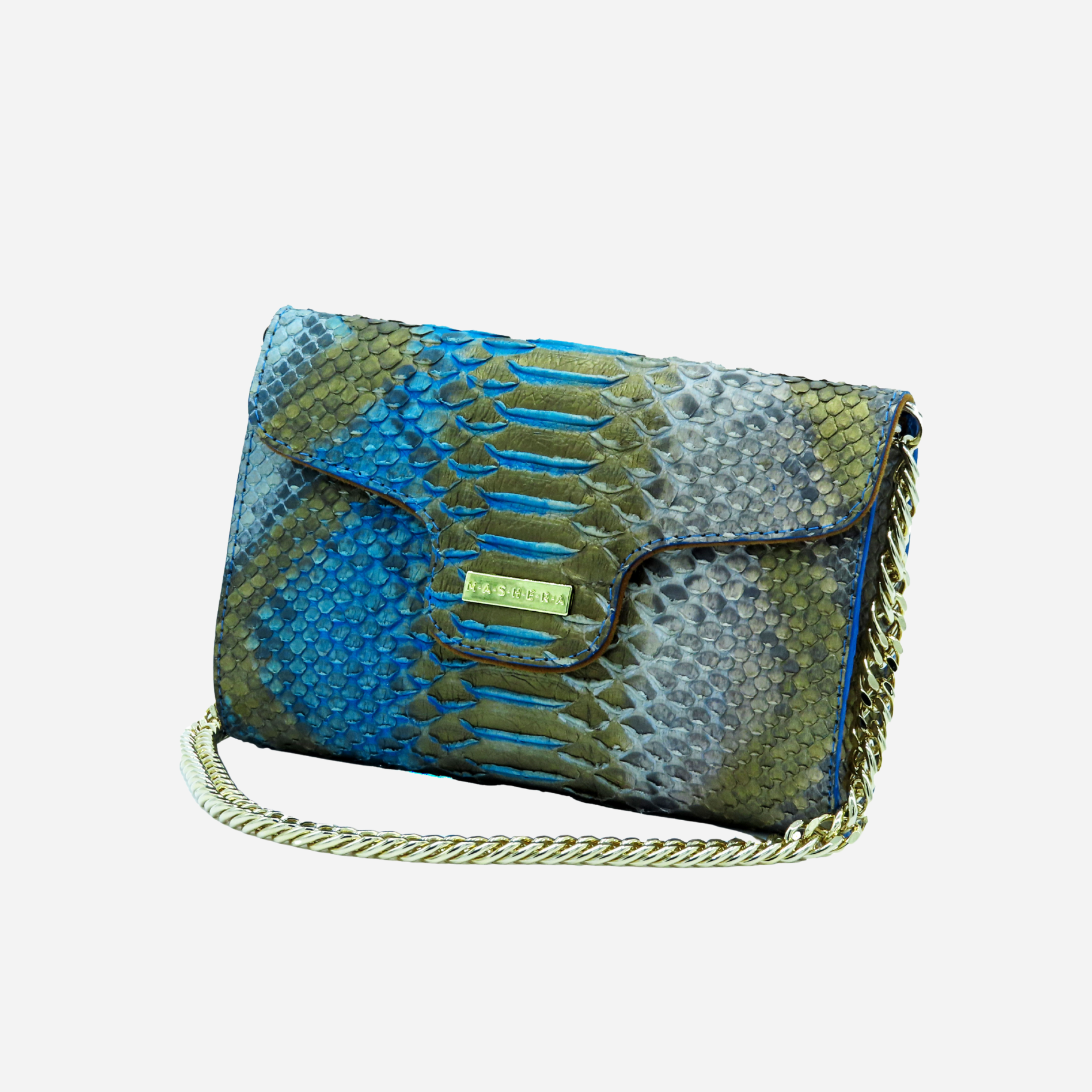 Clutch LISA en piel de pitón color multicolor - vista frontal con cadena dorada y tapa imantada