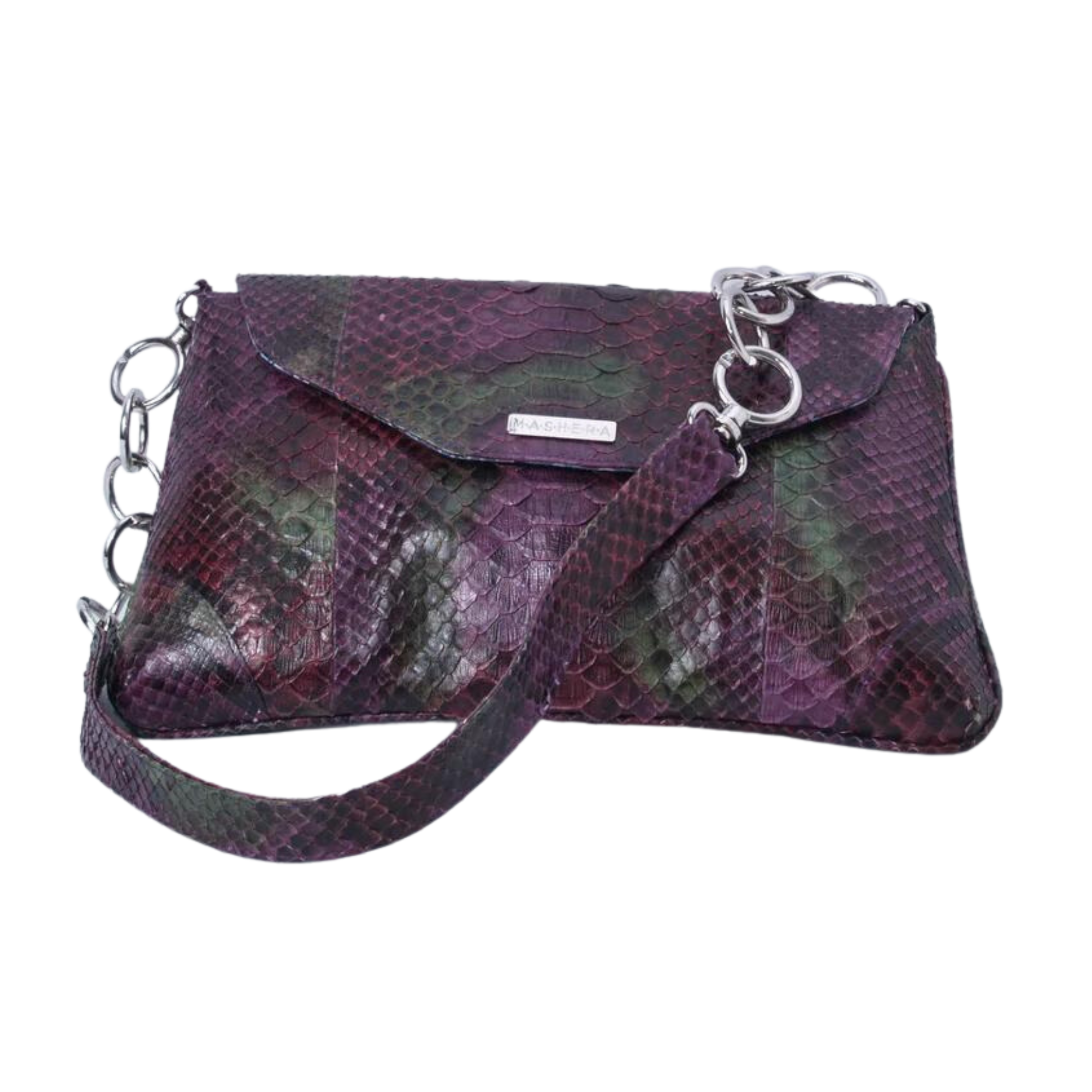 Vista frontal del Bolso CLEMENTINA morado en pitón genuino con cadena plateada y hombrera en la misma piel - cierre con tapa imantada