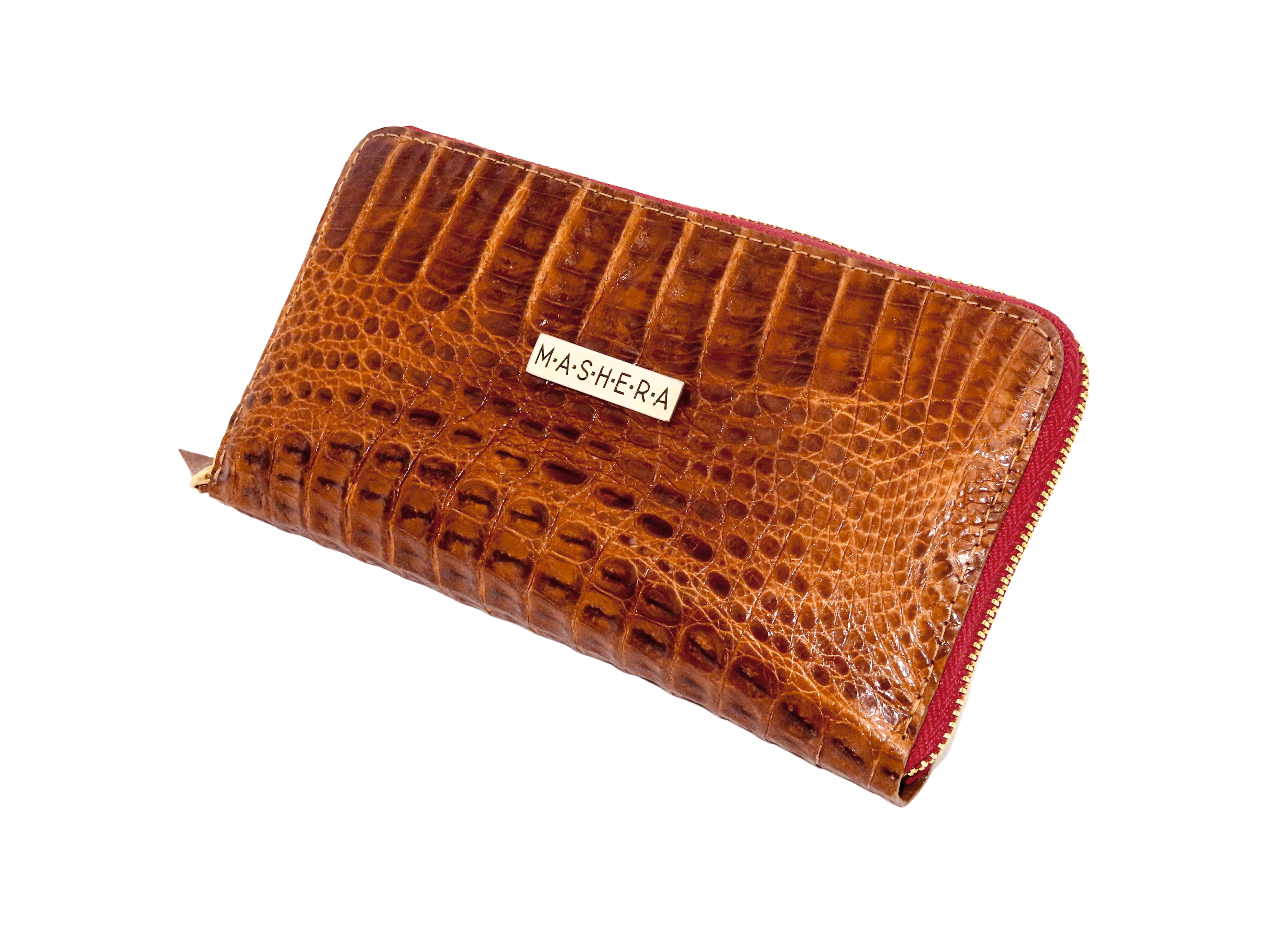 Cartera KANNAS en piel de cocodrilo genuina color cognac.