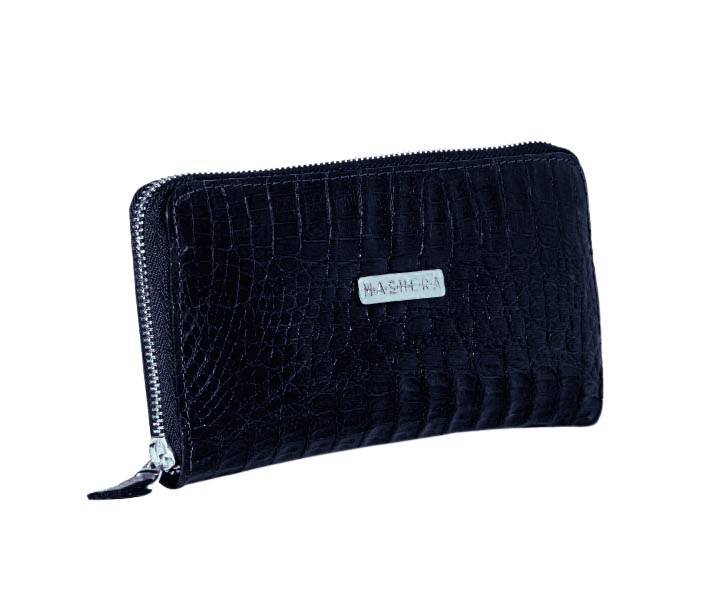 Cartera billetera KANNAS en cocodrilo negro - vista frontal completa