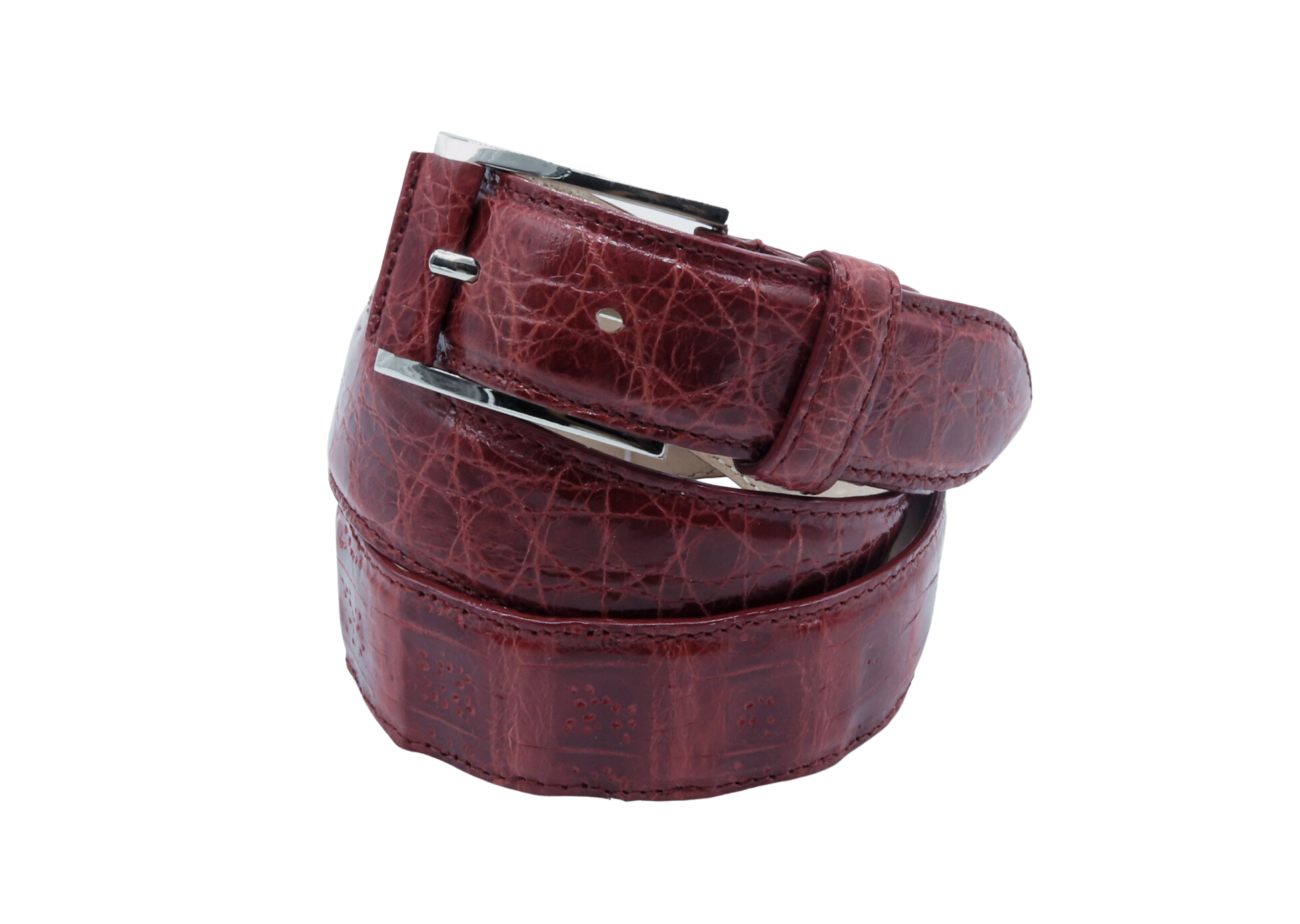 Composición del cinturón ESPINO en piel de cocodrilo rojo. Acabado artesanal