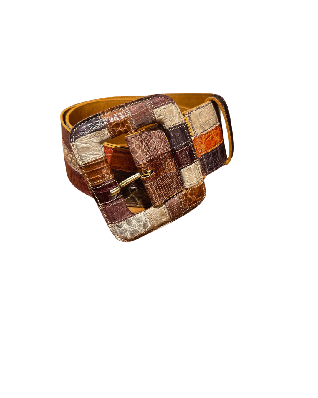 Cinturón KORZ en cocodrilo multicolor en tonos Tierra - hebilla forrada con acabado impecable