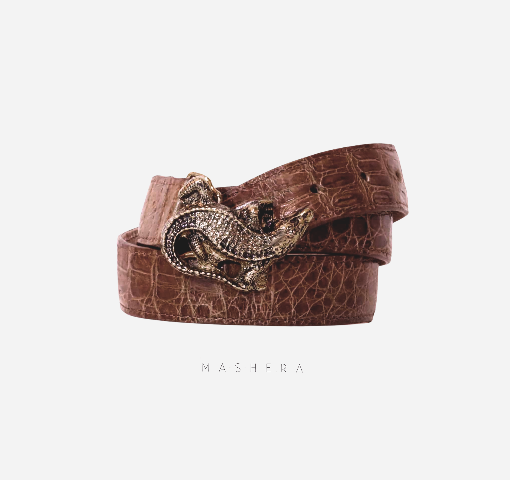 Foto de estudio de Cinturón CAIMÁN en piel de cocodrilo cognac - hebilla exclusiva de caimán