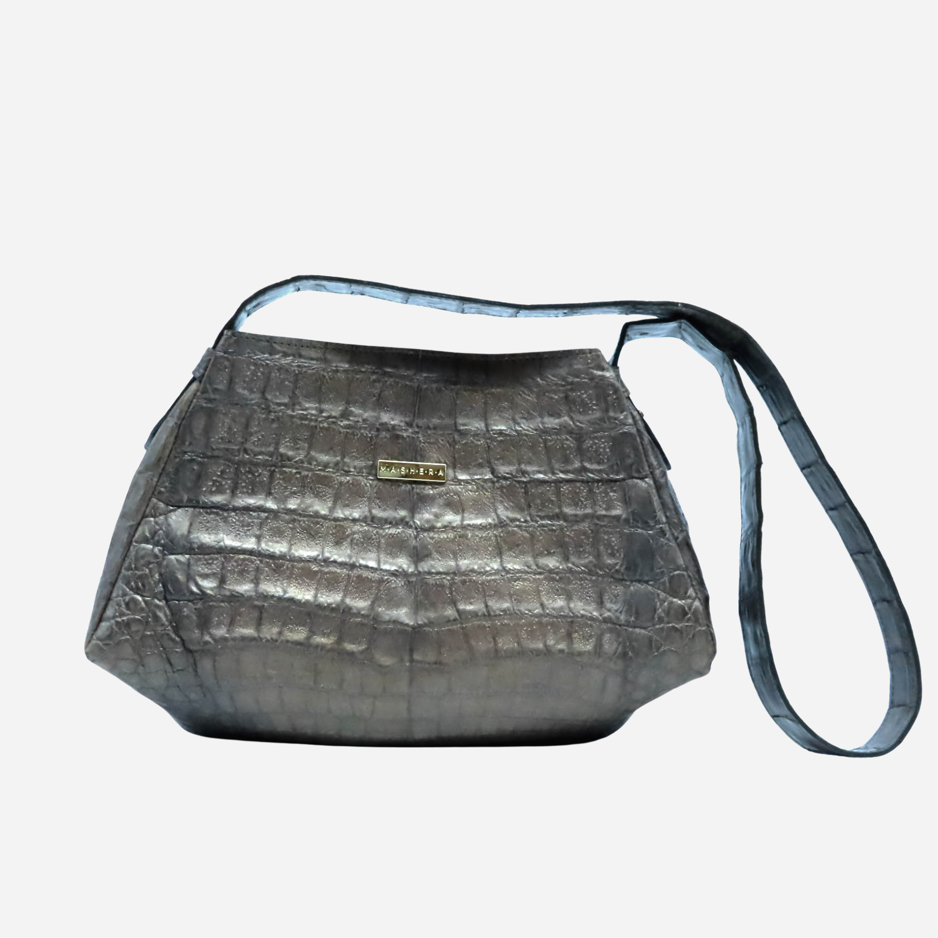 Bolso CANASTY en piel de cocodrilo color bronce - vista frontal con asas también en piel de cocodrilo