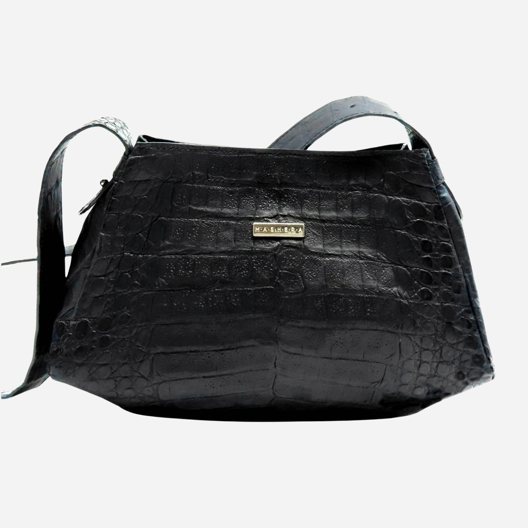 Bolso CANASTY en piel de cocodrilo negro - vista frontal con cierre de imantado y asas de la misma piel