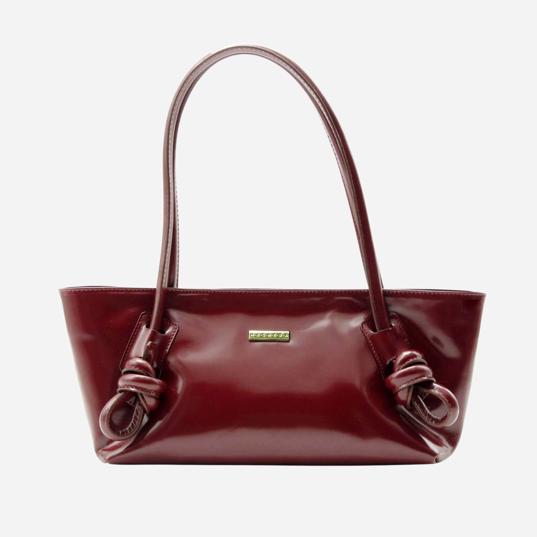 Bolso Coffee Baguette en piel de becerro color burdeos - vista frontal con asas de nudo marinero