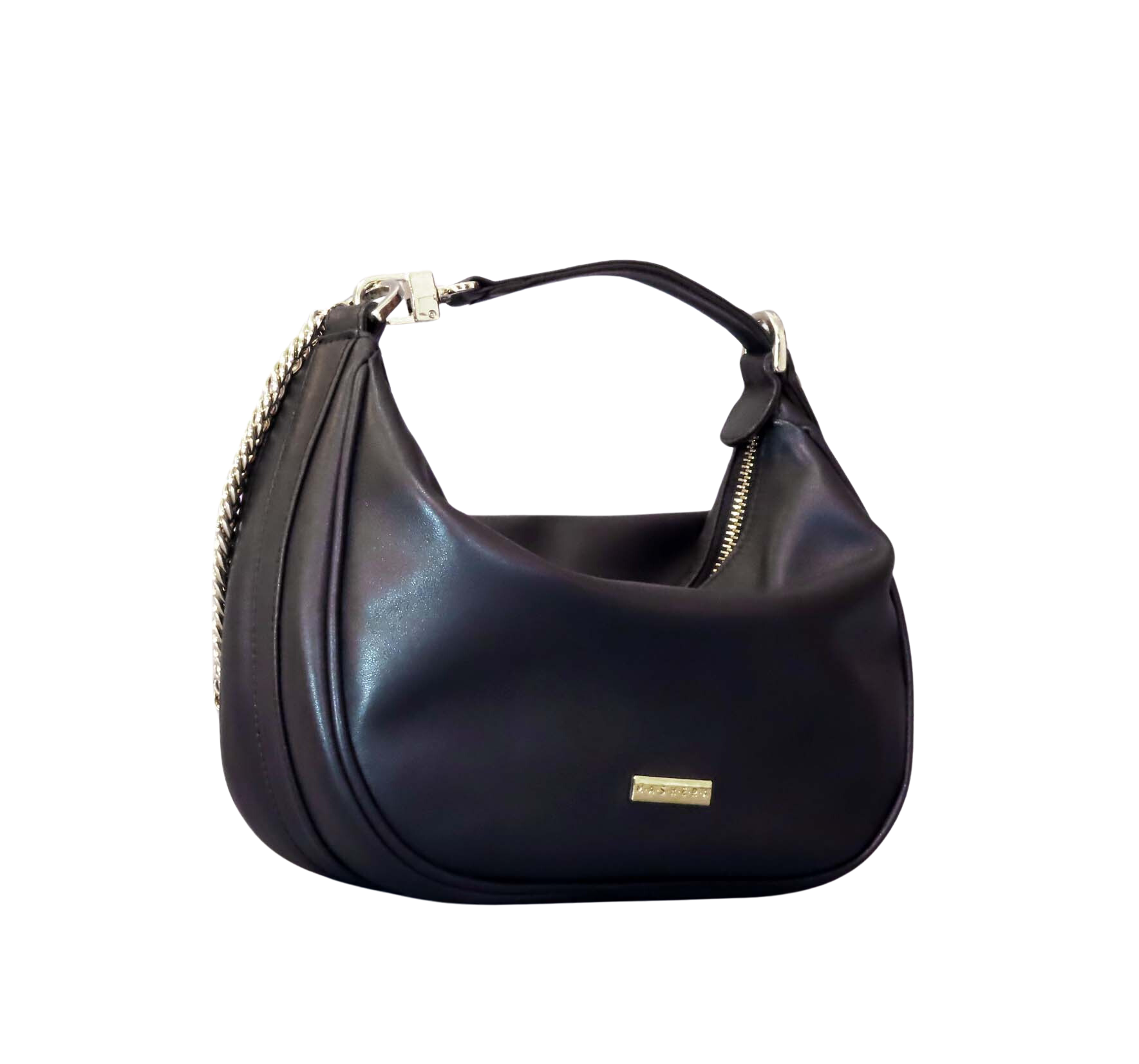 Bolso GLOBO negro - vista lateral con cadena y correa ajustable