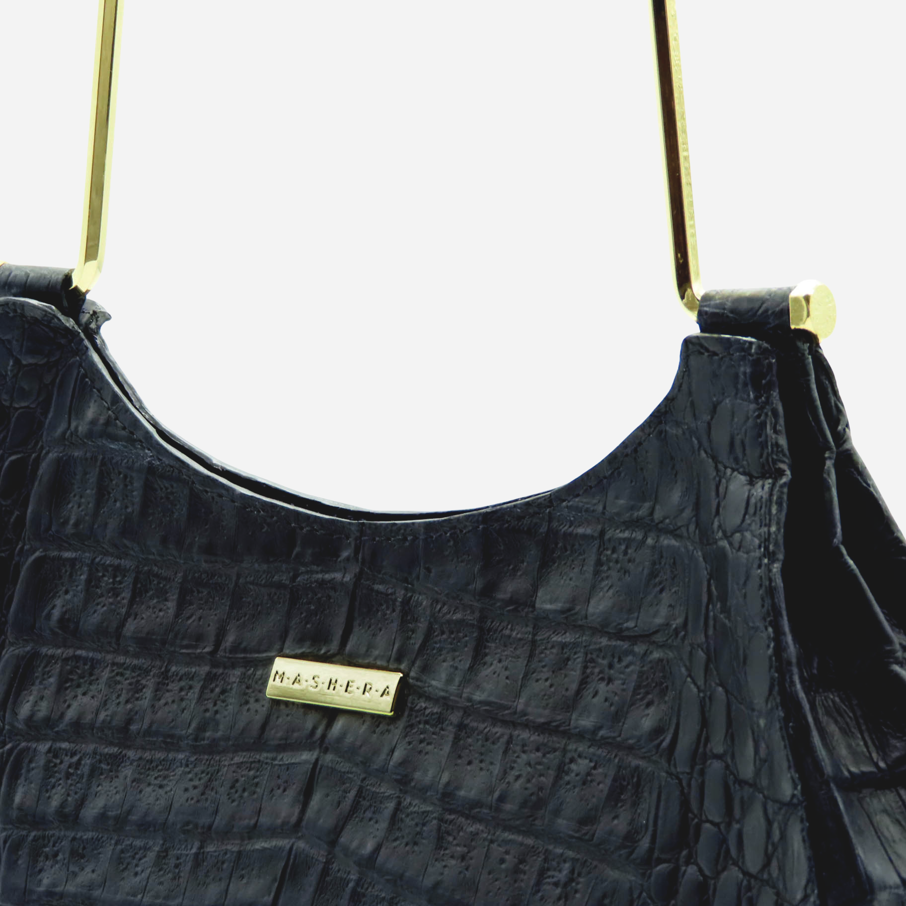 Detalle de textura de cocodrilo genuino del bolso QUIMBAYA negro