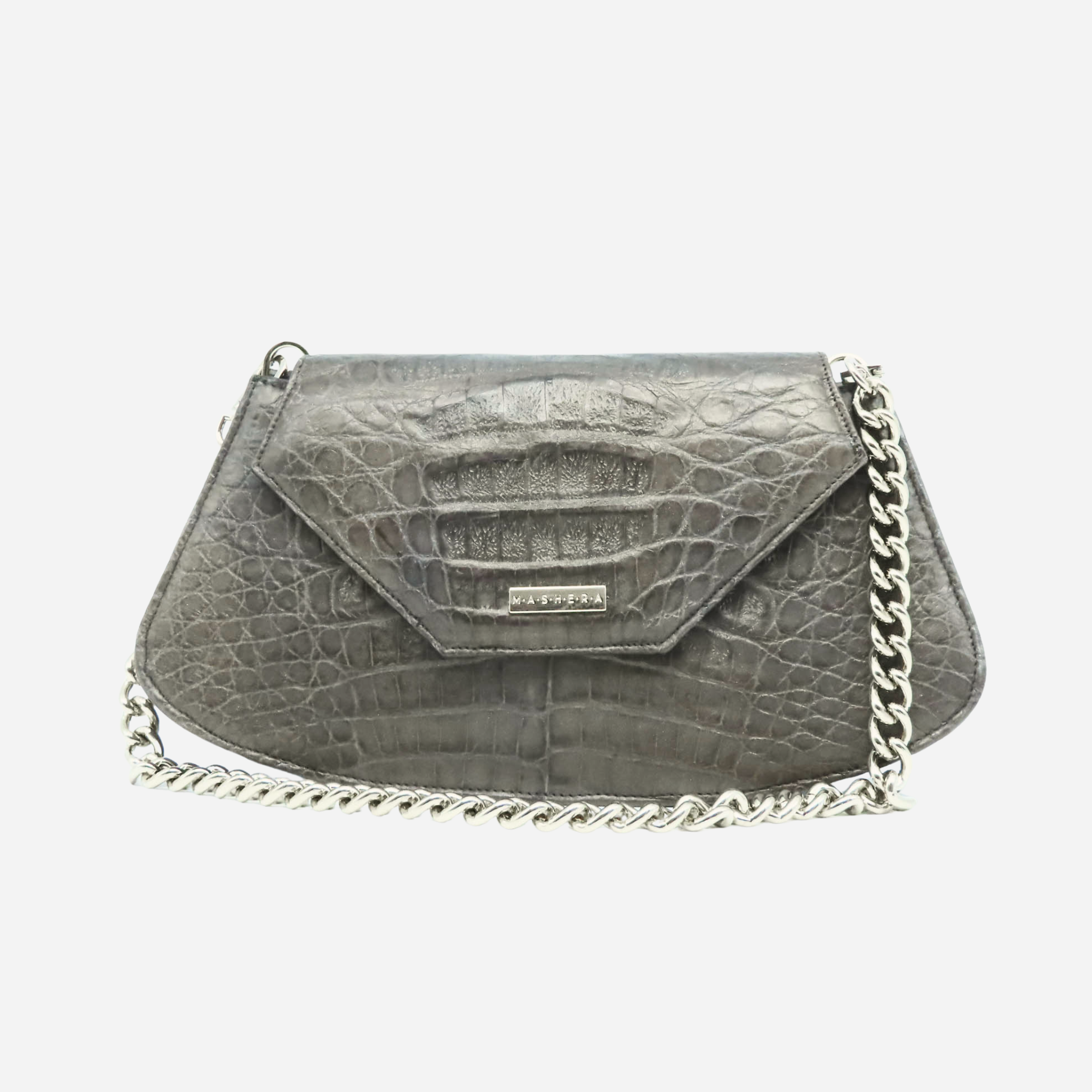 Bolso TOTI Baguette en piel de cocodrilo color bronce - vista frontal con forma alargada minimalista y detalles de la textura