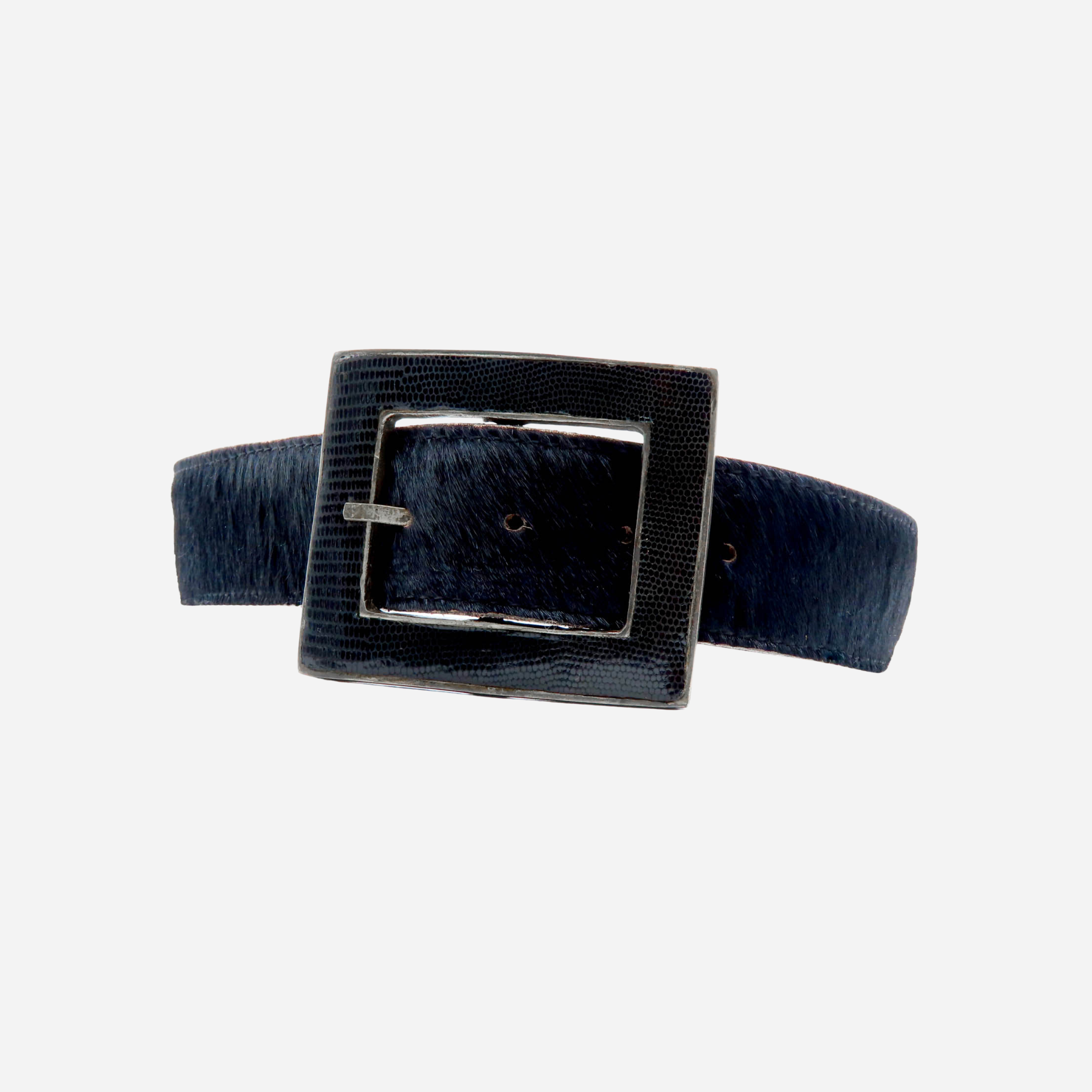 Cinturón BELÉN en cuero negro - diseño rústico-chic con hebilla de hierro macerado y piel de pitón