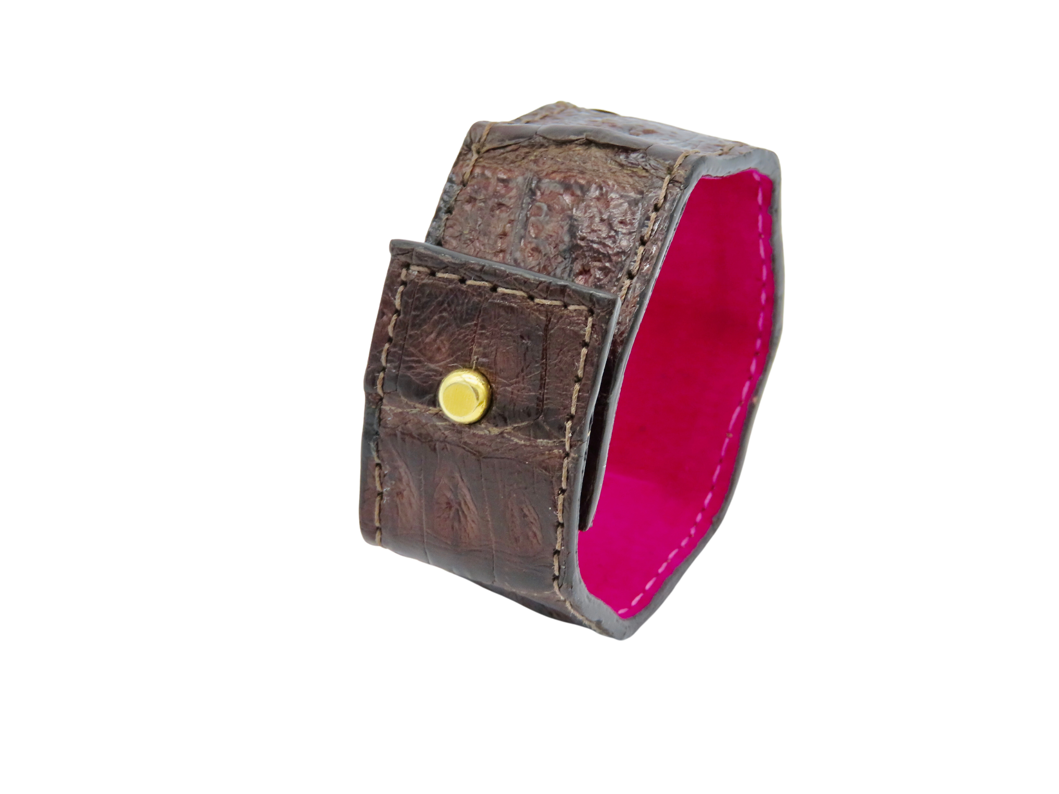 Pulsera AMBAR en cocodrilo genuino marró e interior en fucsia - complemento versátil.