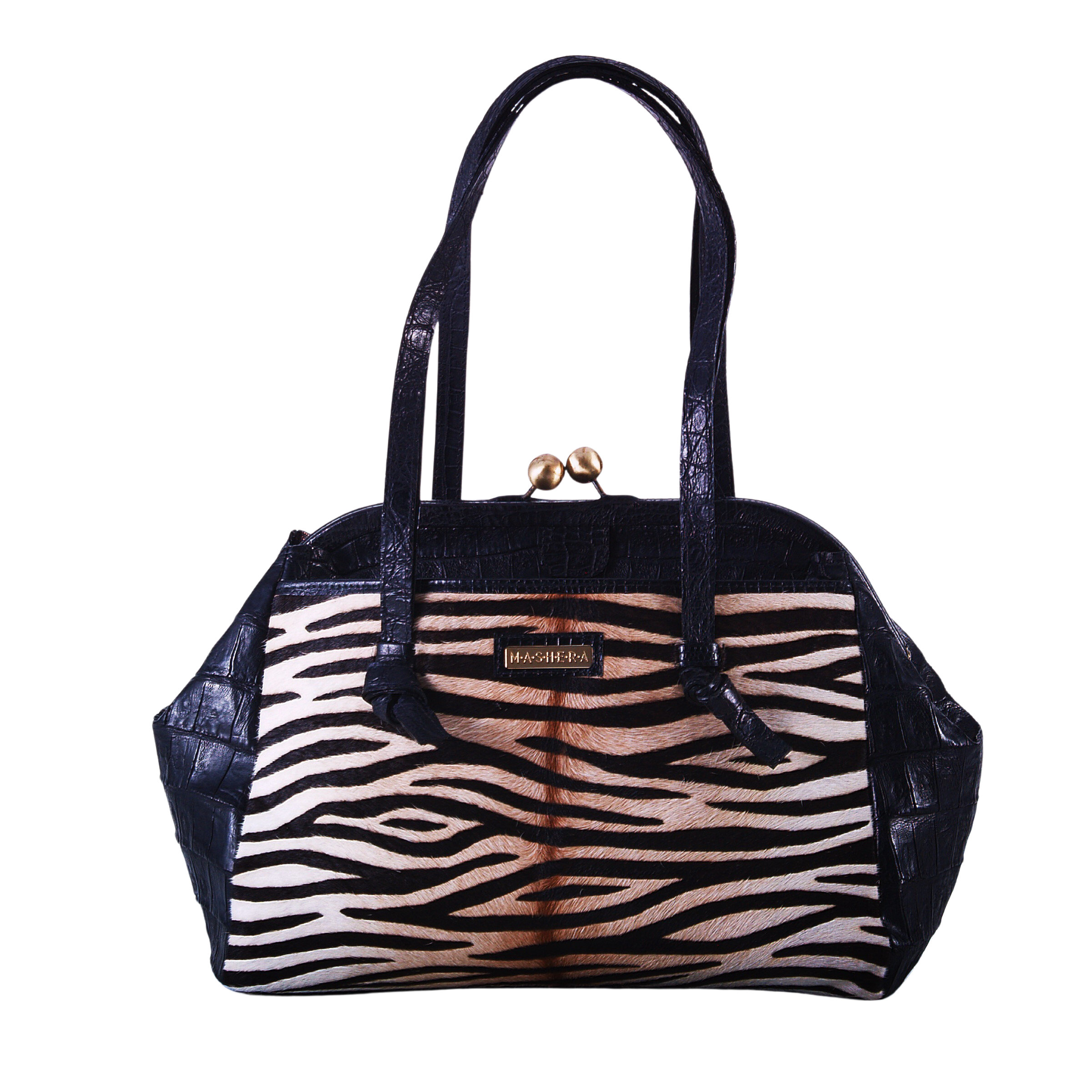 Bolso ANTONIA en cuero de pelo estampado cebra con laterales en piel de cocodrilo negro - cierre monedero vintage y cargaderas en piel de cocodrilo