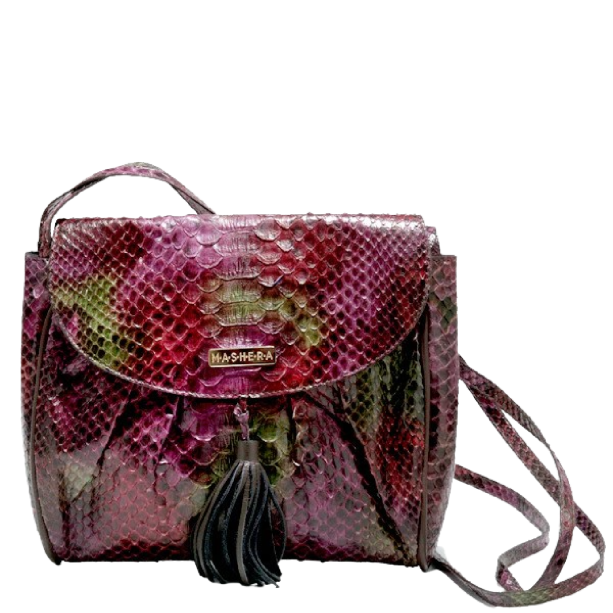 Vista frontal del Bolso CLEMENCIA burdeos en pitón genuino con broche imantado - diseño bandolero práctico artesanal