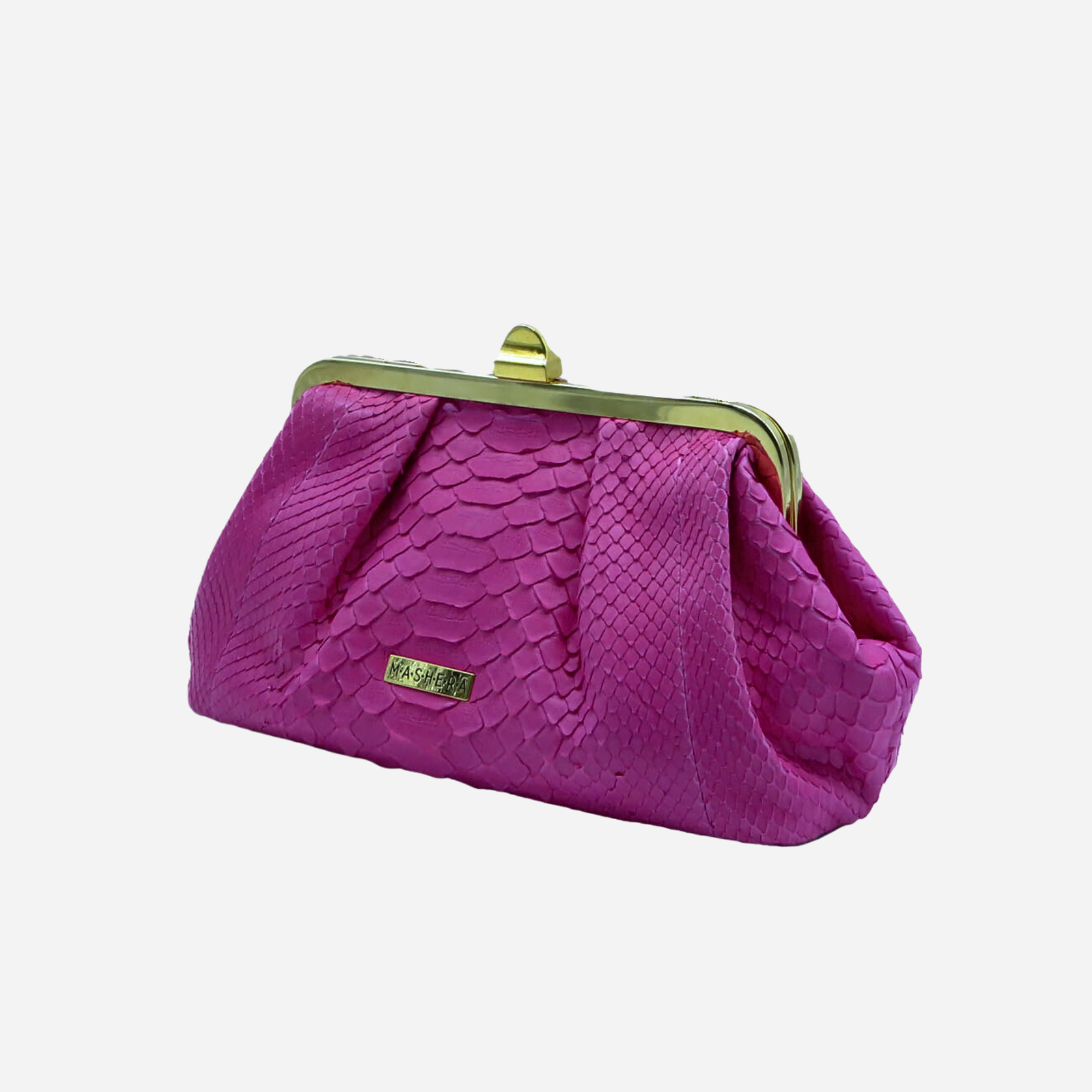 Bolso COFRE fucsia en pitón genuino - bandolero elegante con cierre tipo monedero y cadena.