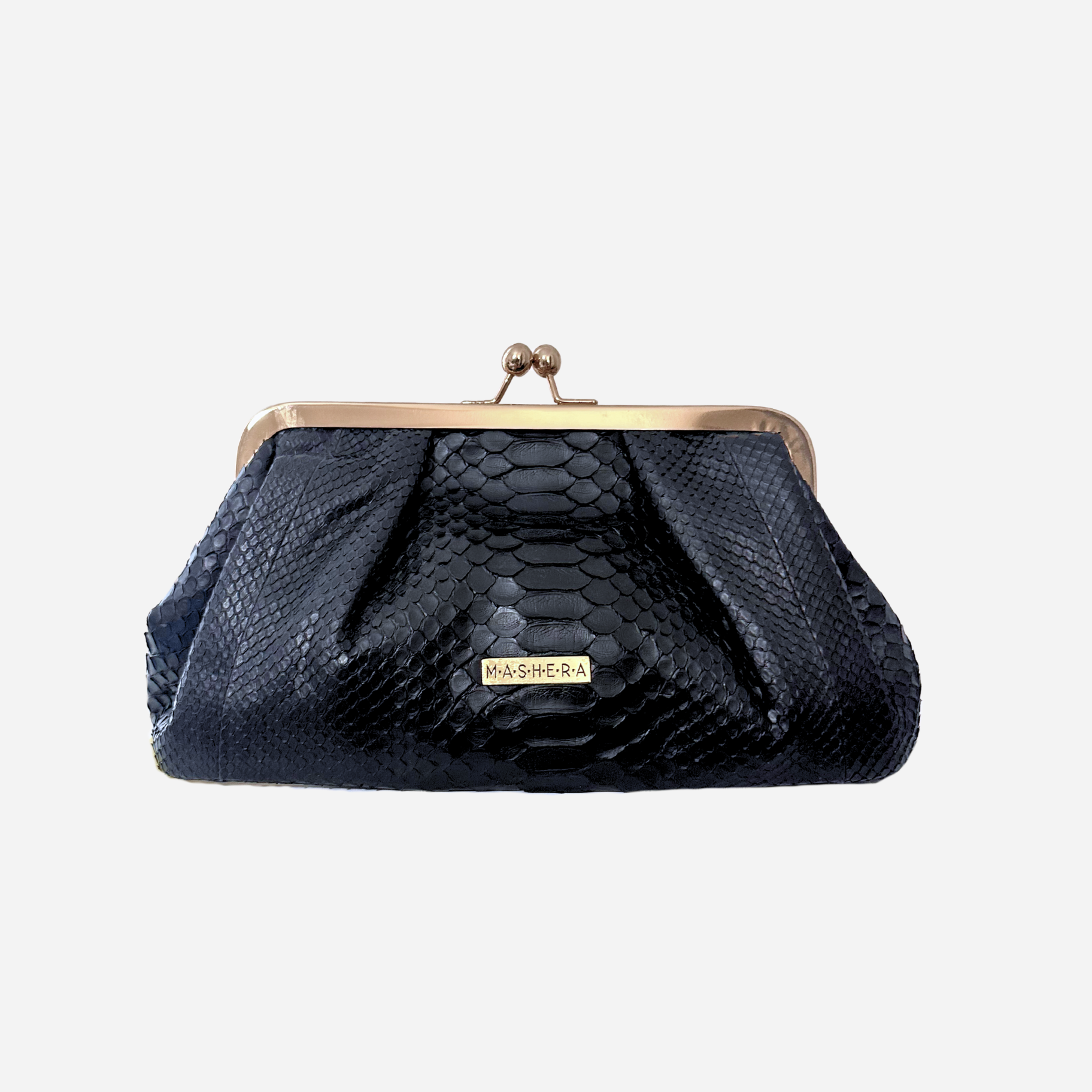 Bolso COFRE bandolero en pitón genuino negro con cierre tipo monedero antiguo y cadena dorada