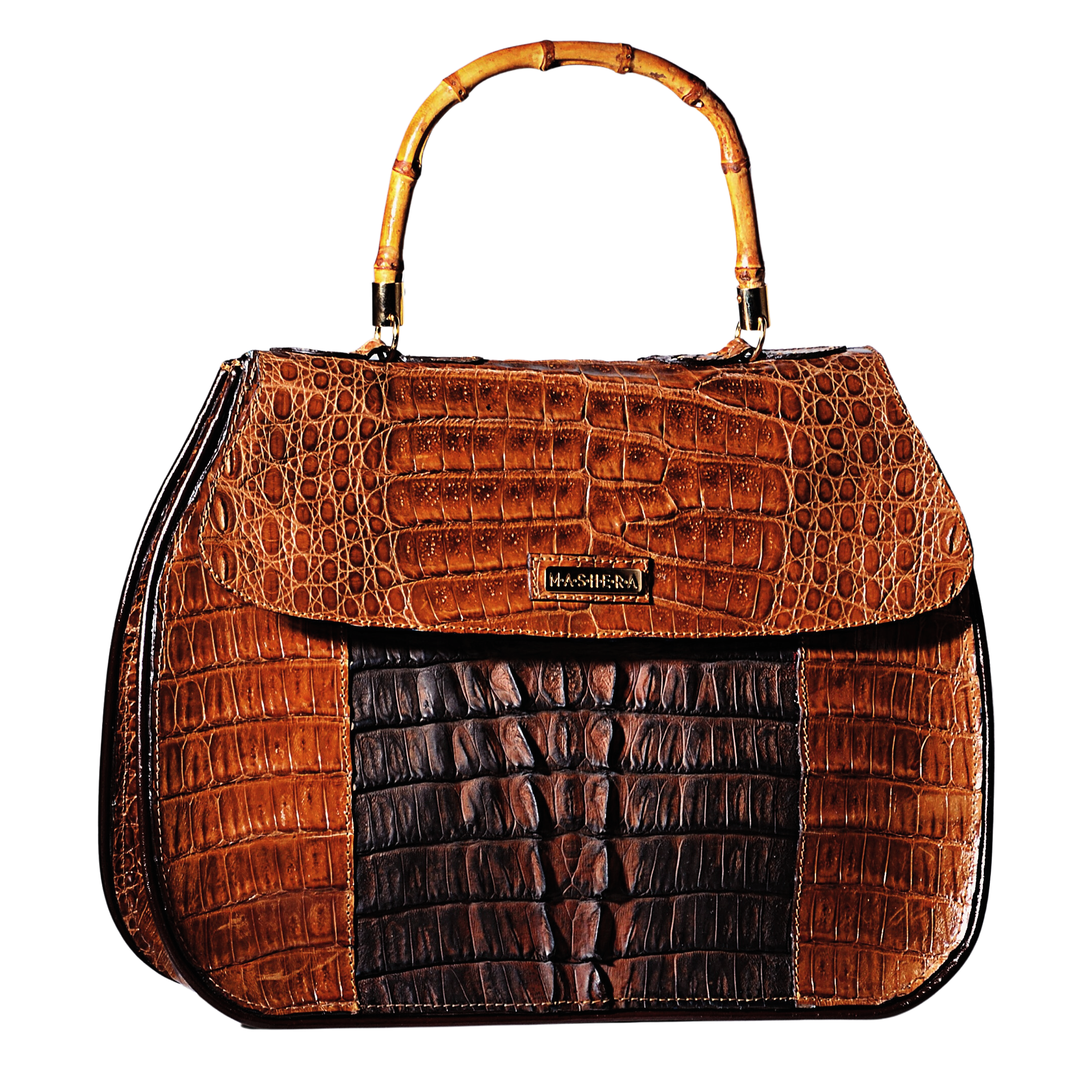 Bolso SENA en cocodrilo marrón bicolor con asa de bambú natural y cierre de tapa con broche