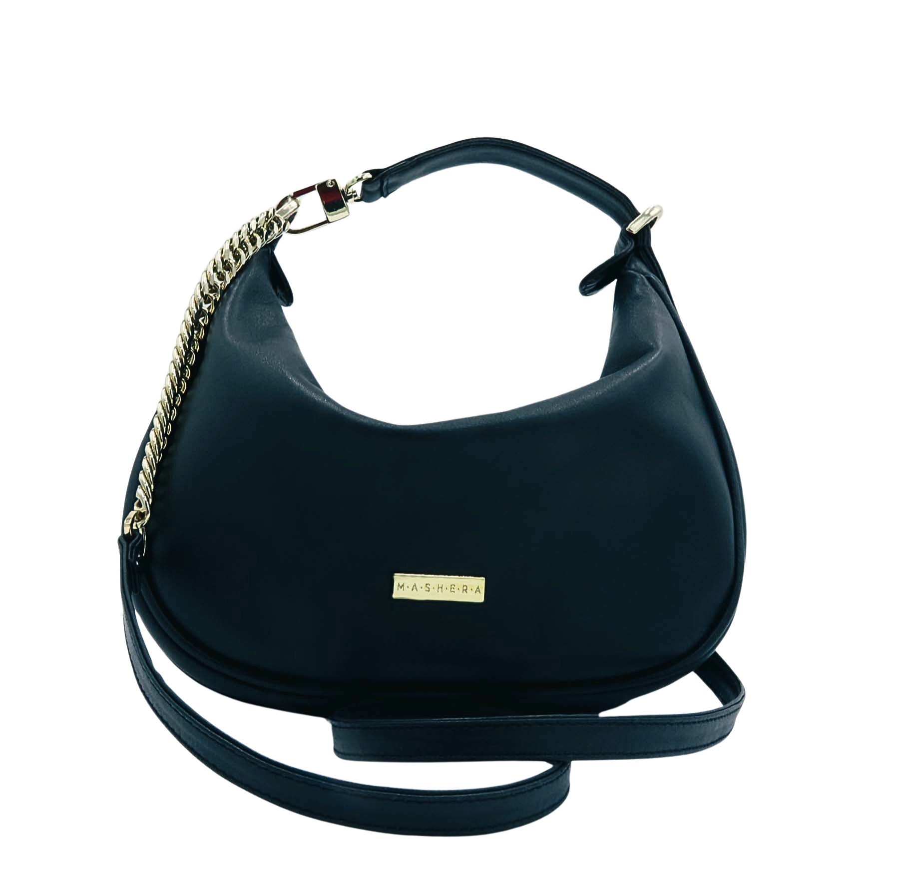 Bolso GLOBO en piel de becerro negro - vista frontal con cargadera y cadena dorada