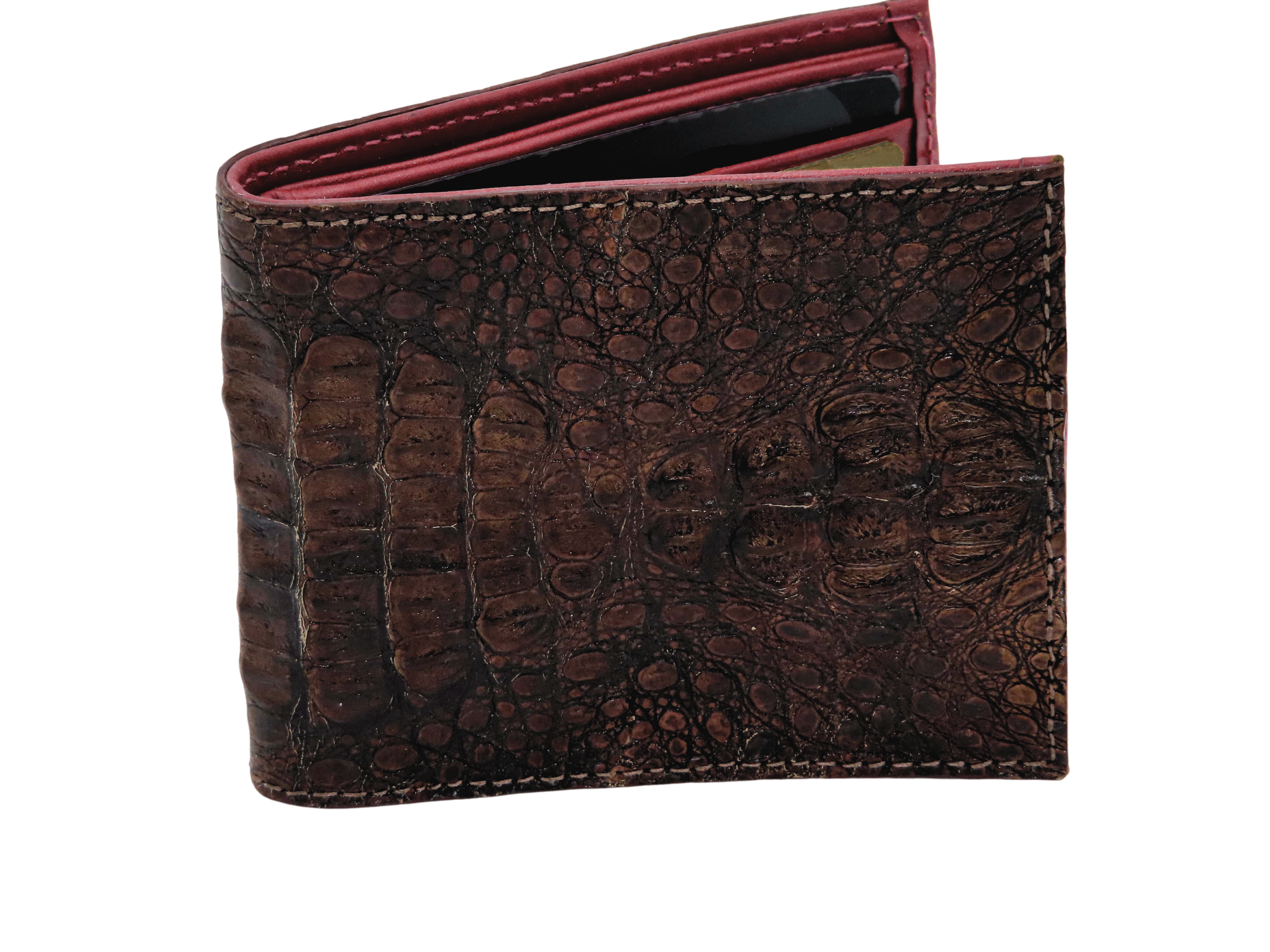 Cartera NADÚ EXOTIC marón en piel de cocodrilo auténtica e interior en  cuero rojo haciendo contraste