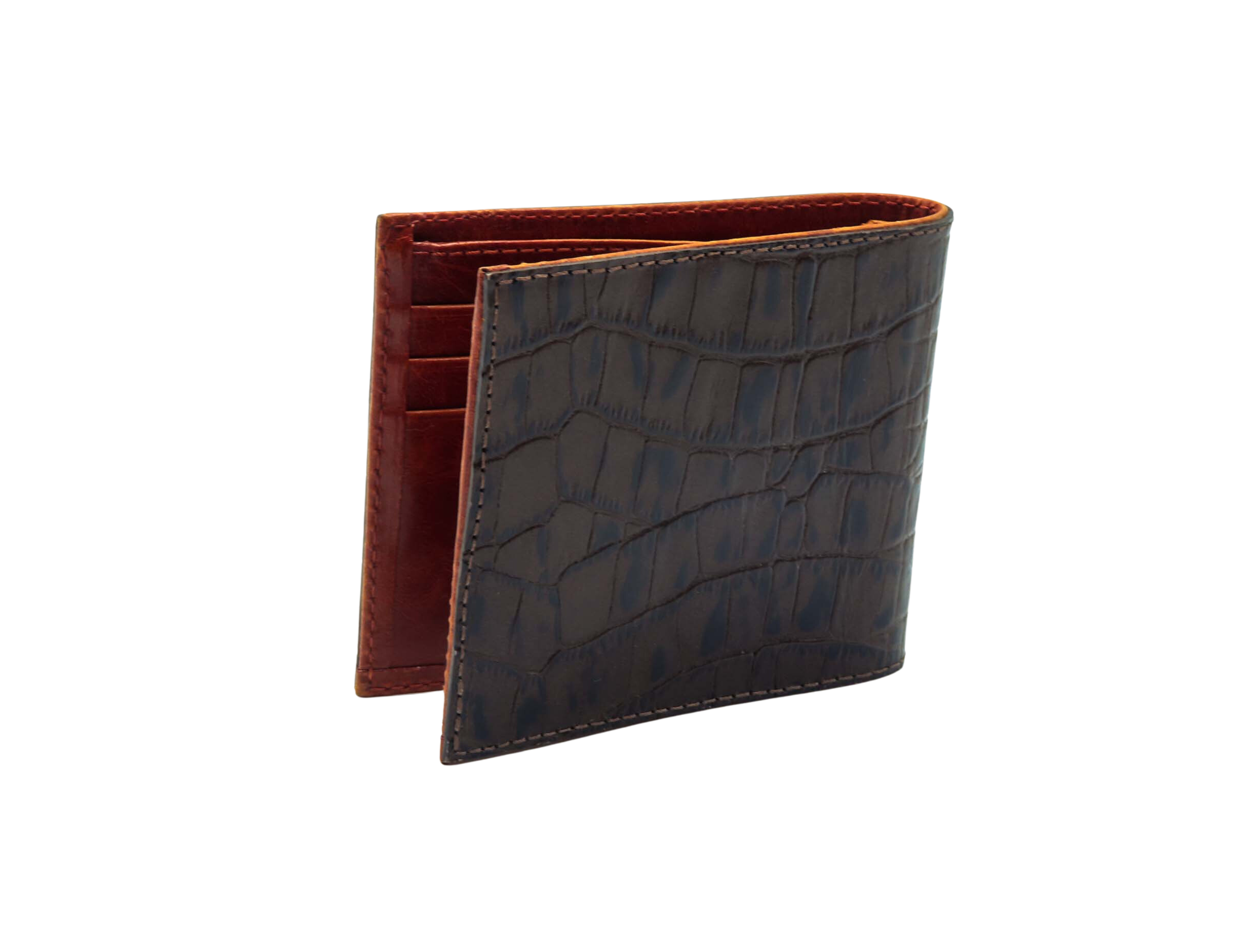 Cartera NADÚ marrón en piel grabada con interior becerro naranja contraste - 6 compartimentos tarjetas
