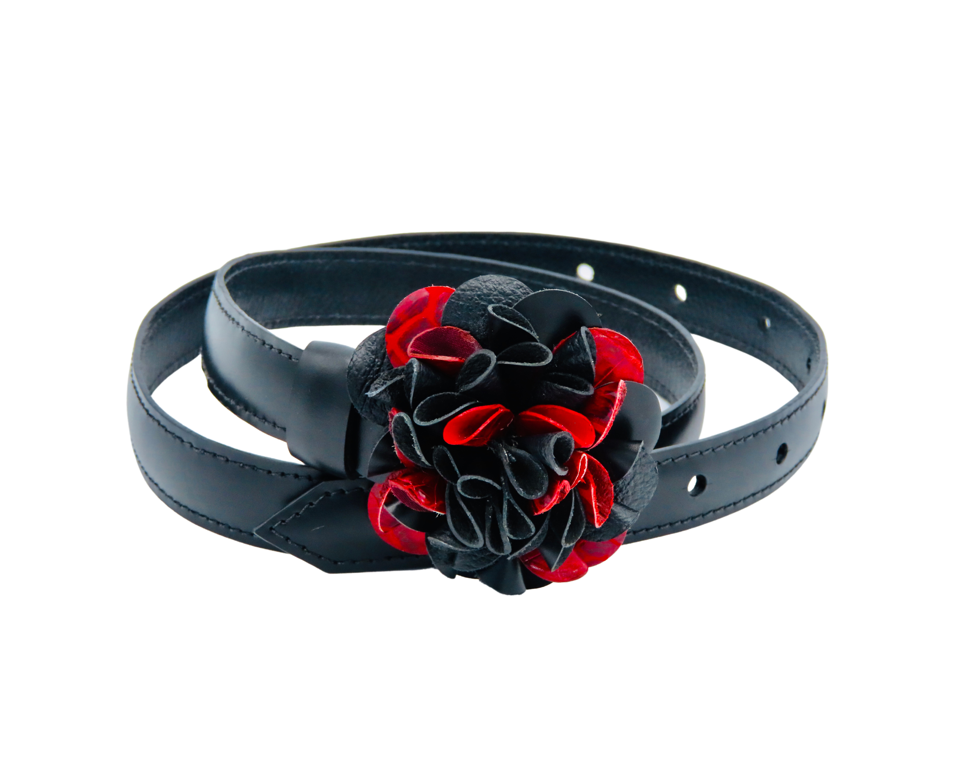 Cinturón FLORA negro en piel de becerro con hebilla flor roja artesanal - diseño delicado femenino.