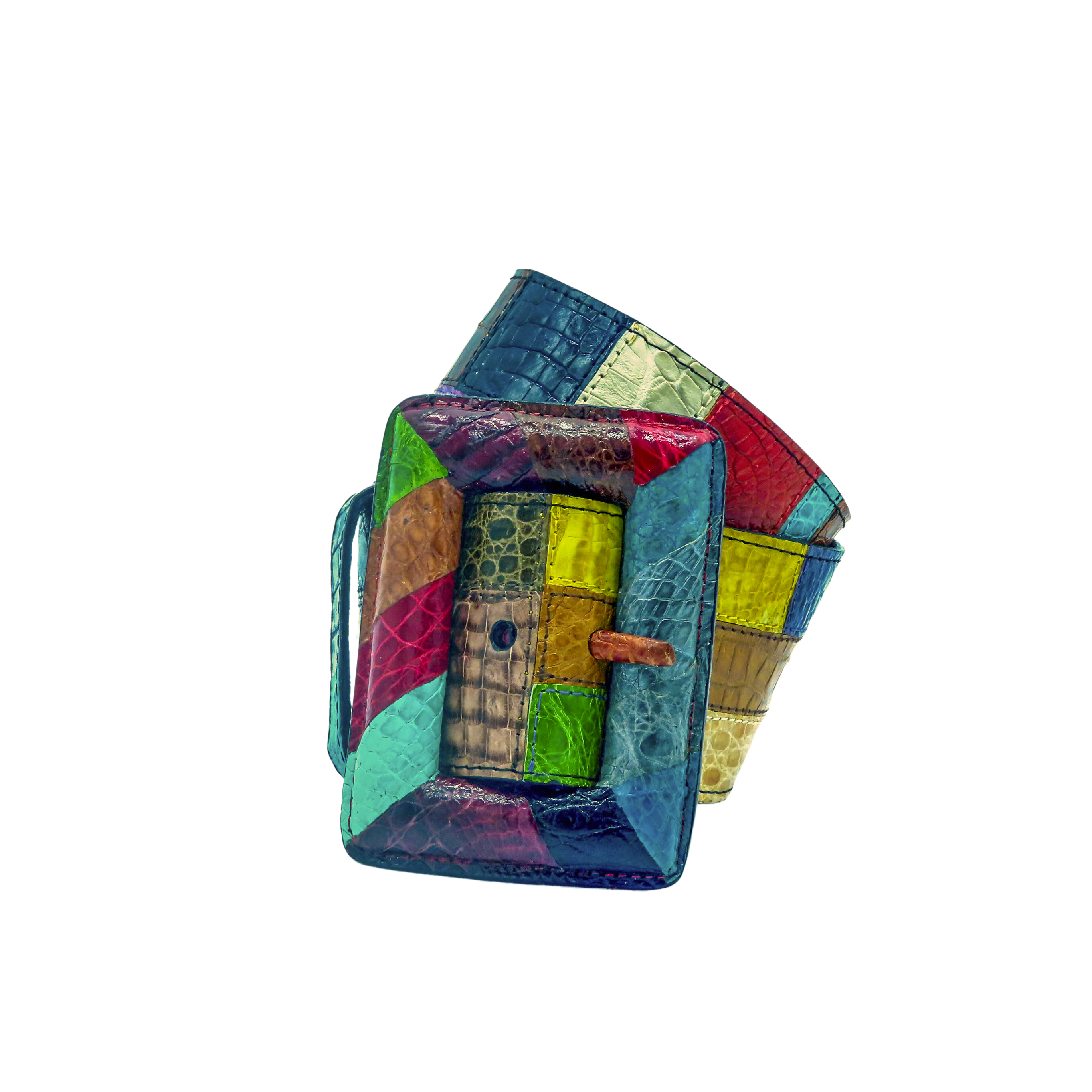 Cinturón KORZ en cocodrilo multicolor - hebilla forrada artesanalmente en piel de cocodrilo