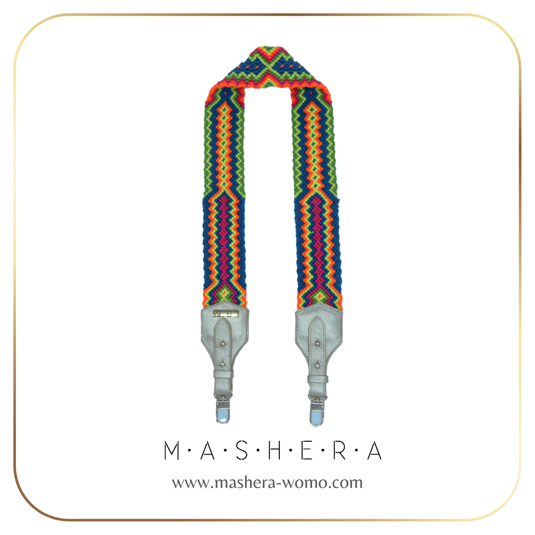 Correa WAYU tejida a mano por artesanas wayuu - patrón geométrico multicolor tradicional colombiano