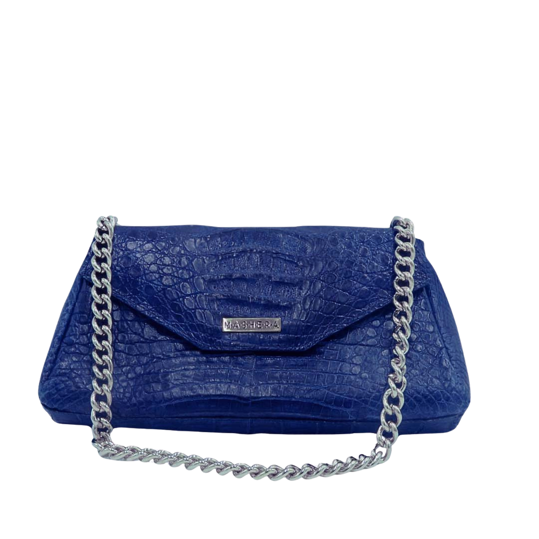 Bolso bandolero CIPRÉS en cocodrilo azul con cadena plateada