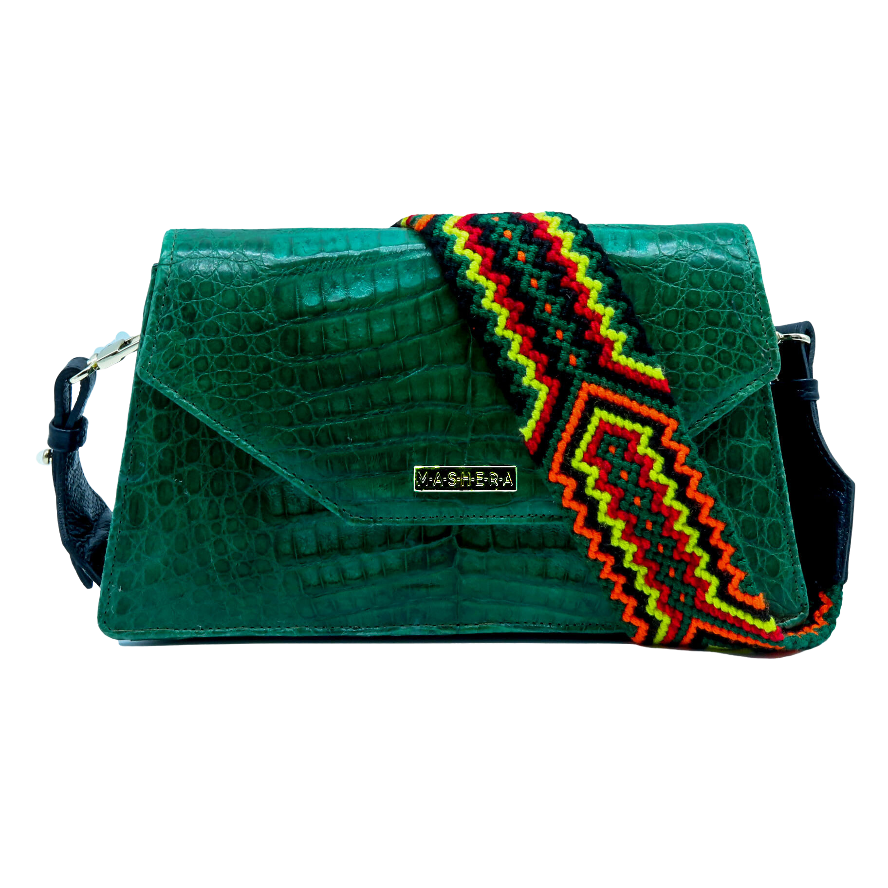 Bolso CIPRÉS en cocodrilo verde esmeralda con correa wayu artesanal multicolor