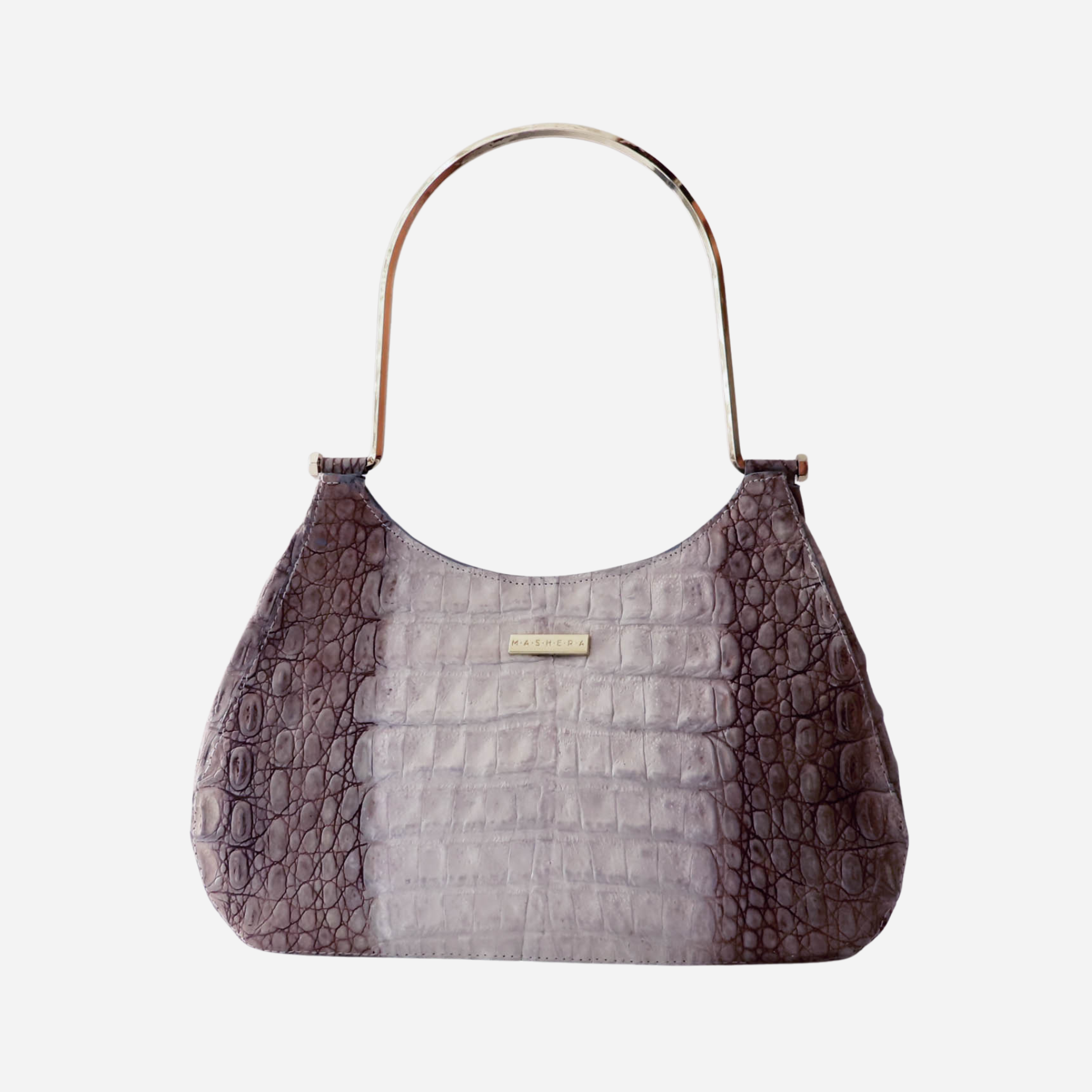 Bolso QUIMBAYA en cocodrilo genuino - vista frontal con asa metálica dorada