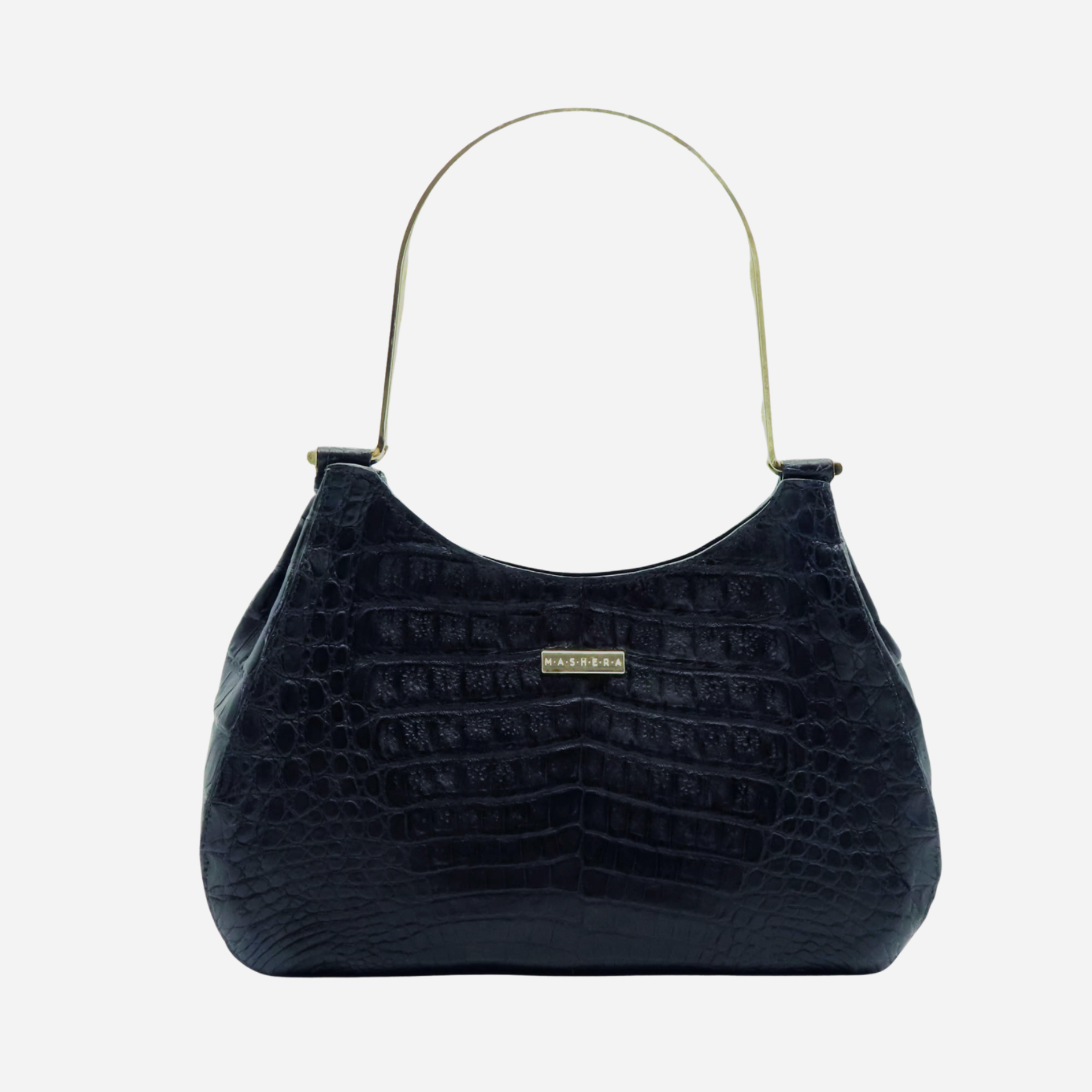 Bolso QUIMBAYA en cocodrilo negro - vista frontal con doble asa artesanal