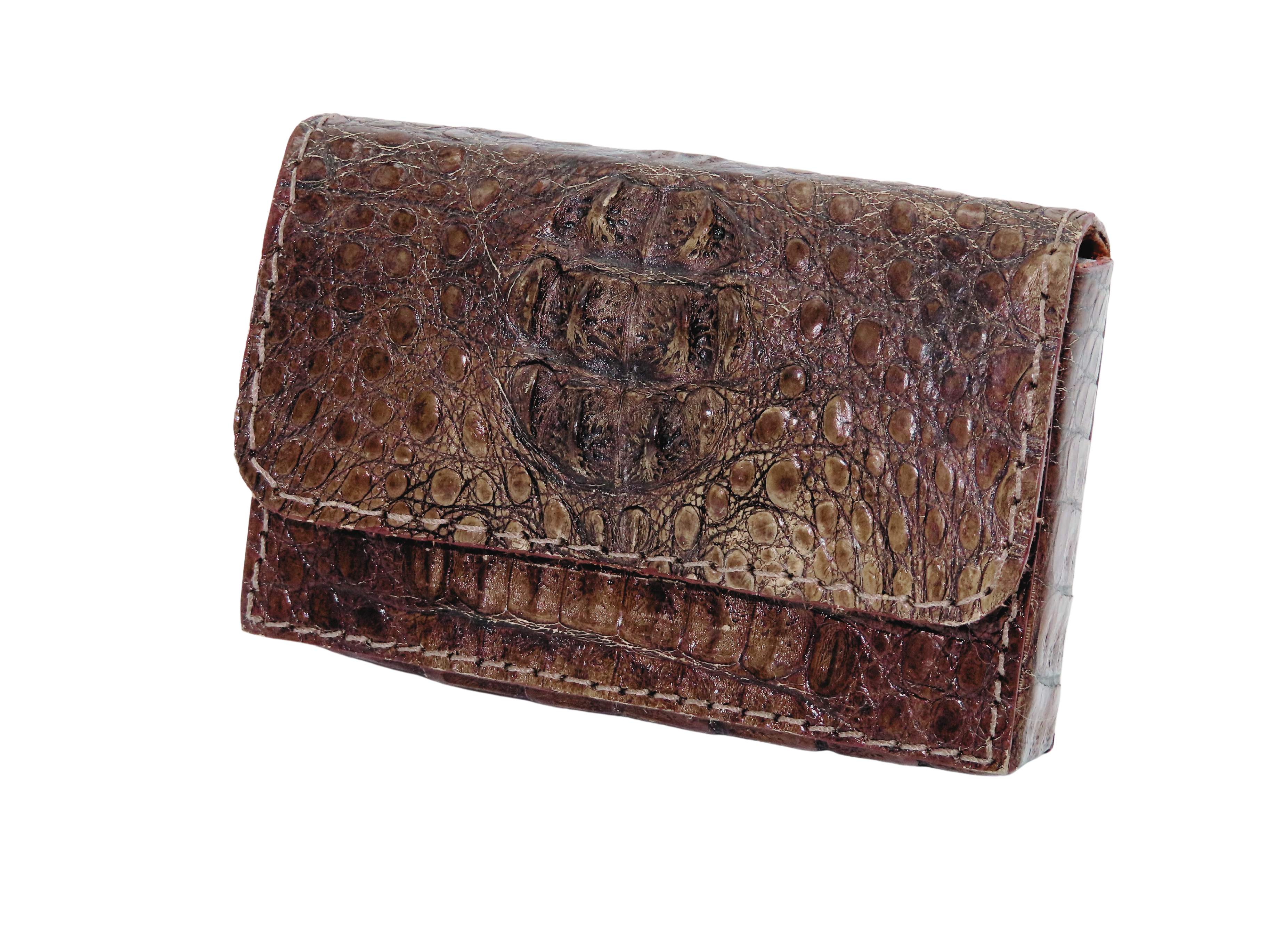 Closeup de Porta-tarjetas MINIBOX en cocodrilo marrón - vista frontal con cierre broche y textura genuina.