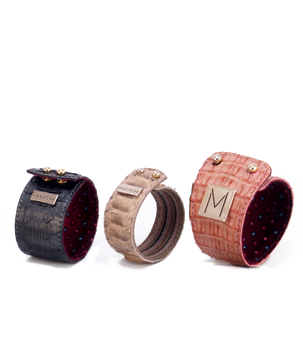 Combinación de Pulseras ÁMBAR en pitón burdeos, beige y marrón - diseño versátil exótico artesanal.